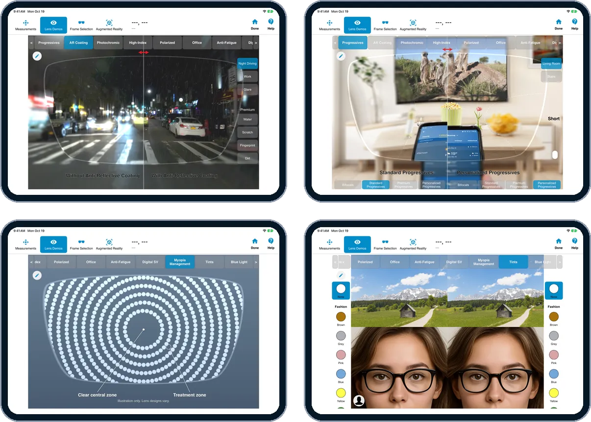 Four OptikamPad Lens Demos: night driving, progressive lens zones, a myopia-control lens design, and lens tints on the patient's photo