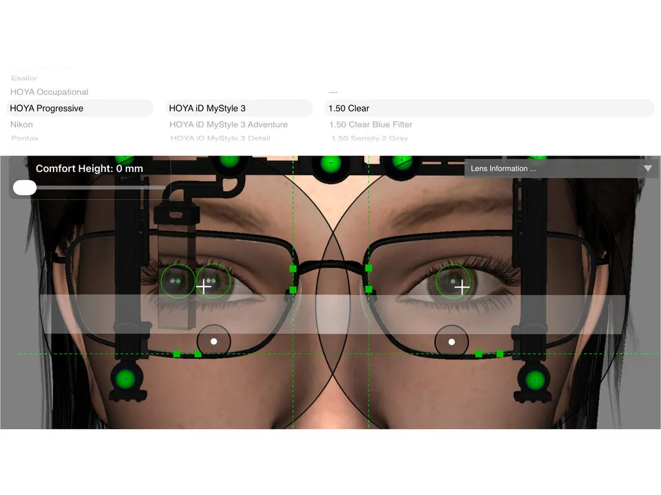 Choosing a HOYA progressive lens in OptikamPad, shown over the patient's measurements to verify the lens